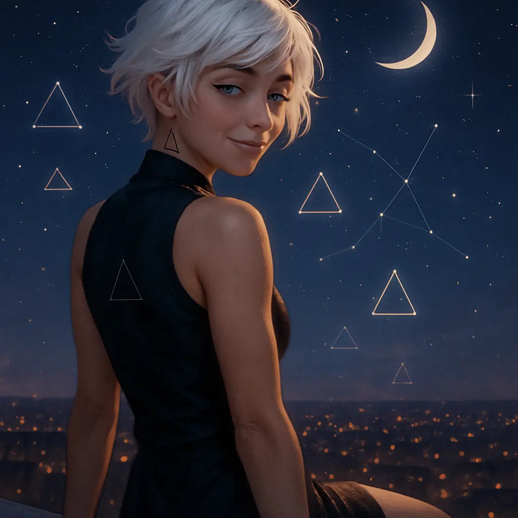 Kyra sur un toit la nuit, regardant par-dessus son epaule