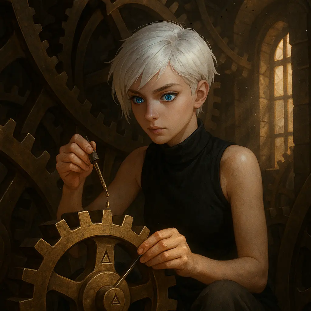 Kyra huilant un engrenage dans une horloge abandonnee